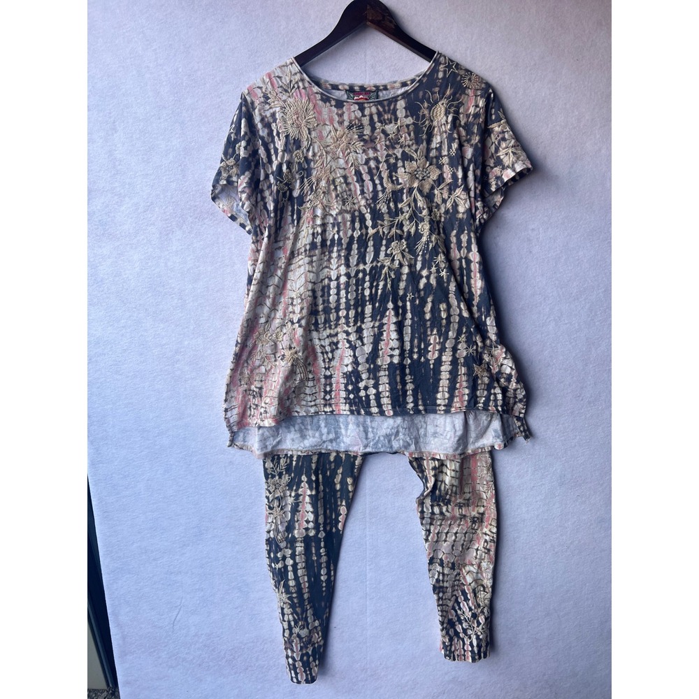 Johnny Was Los Angeles Embroidered Tie Dye Tunic and Leggings Set Large Boho